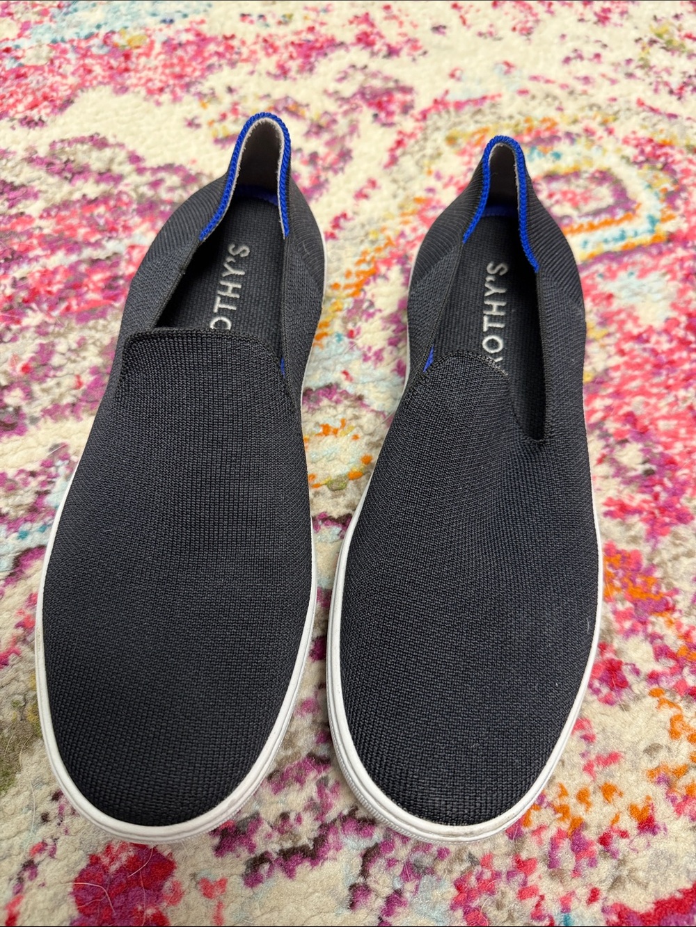 Rothy's Black Slip-On Knit Loafers with Blue Trim